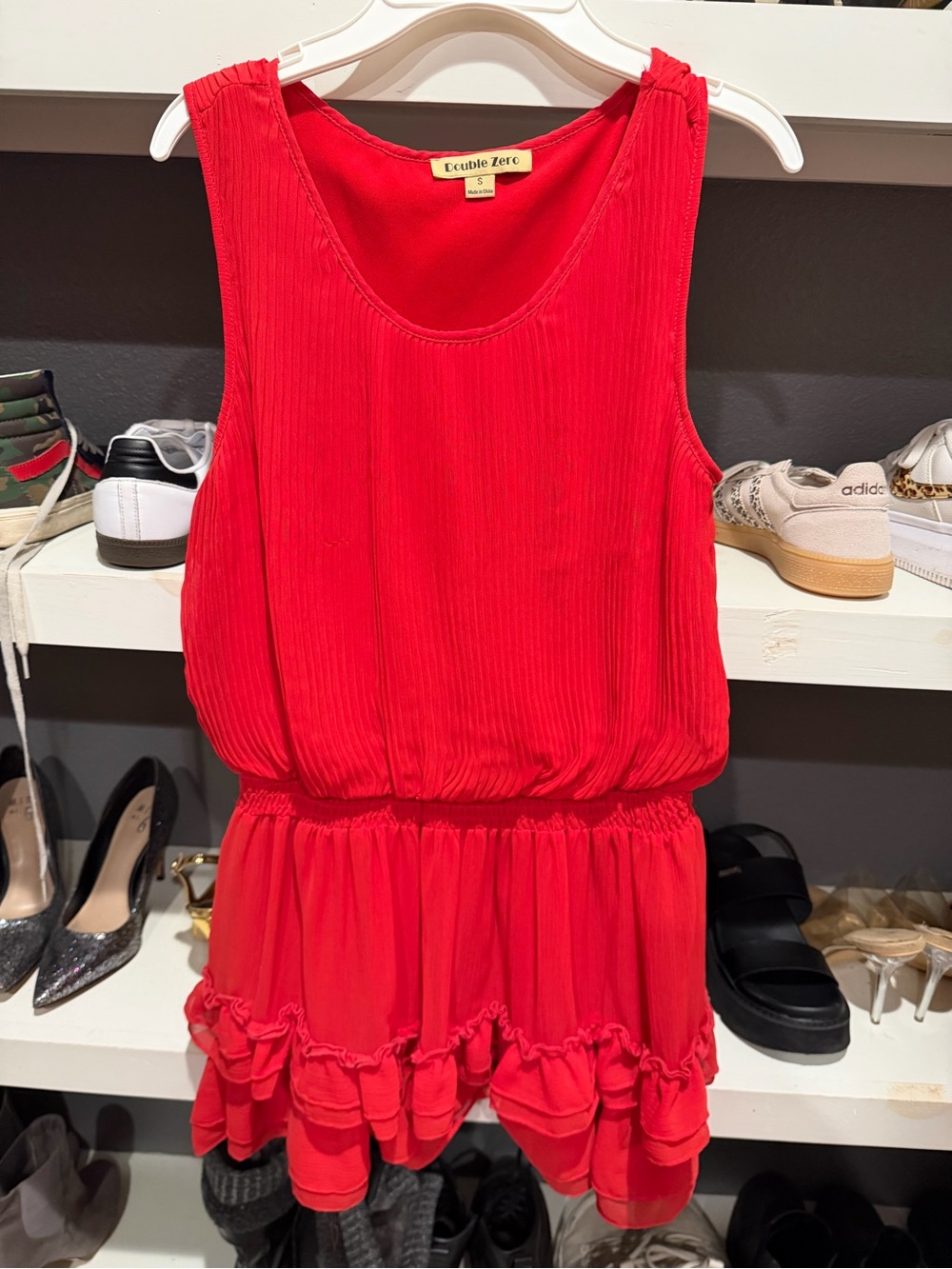 Double Zero Bright Red Sleeveless Ruffled Waist Tunic